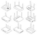 Wifi router vector isometric outline set icon. Isolated isometric set icon internet modem. Vector outline illustration wifi router