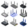 Wifi router vector isometric set icon. Isolated isometric set icon internet modem. Vector illustration wifi router on Royalty Free Stock Photo