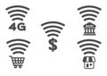 Wifi and signal sensor icon set for shop and store / 4g bank store shopping and money