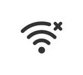 Wifi symbol and cross icon. Jamming wireless internet signal. Wi Fi error. Failure wifi icon. Disconnected wireless