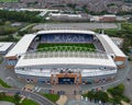 aerial view of the DW Stadium, home to Wigan Athletic football and Wigan Warriors rugby, Wigan, Manchester, England.