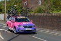 WIGAN, UK 14 SEPTEMBER 2019: A photograph documenting the EF Education First Pro Cycling team support vehicle passing along the
