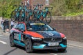 WIGAN, UK 14 SEPTEMBER 2019: A photograph documenting the Madison Genesis team support vehicle passing along the route of the Tour