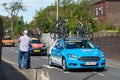 WIGAN, UK 14 SEPTEMBER 2019: A photograph documenting the Wanty Ã¢â¬â Gobert Cycling Team team support vehicle passing along the