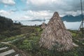 wigwam, an Indian hut from plant stems, against a background of green tropical vegetation, reconstruction. Traditional village. Royalty Free Stock Photo