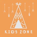 Wigwam. Kids zone poster. Teepee grey contour on orange background. print on the wall, pattern for pillow, teepee interior decorat
