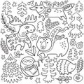 Wiinter set with cozy animals and decorative elements in outline Royalty Free Stock Photo