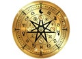 Wiccan symbol of protection. Gold Mandala Witches runes, Mystic Wicca divination. Ancient occult symbols, Earth Zodiac Wheel Royalty Free Stock Photo