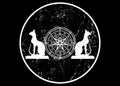 Wiccan symbol of protection. Set of Mandala Witches runes and white cats, Mystic Wicca divination. Ancient occult symbols, Earth