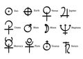 Alchemical symbols icons set alchemy elements pictogram. Sun, Earth and Planets Symbols, Astrological Wicca Symbols. Hand drawn Royalty Free Stock Photo