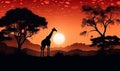 wildlife sunset elephant africa nature wild silhouette safari giraffe animal. Generative AI.