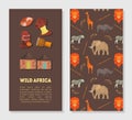 Wild Africa Banner Template with African Animals, Aboriginal Symbols Pattern and Sace for Text Vector Illustration