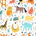 Wild African animals flat vector seamless pattern