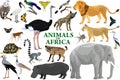 Wild african animals set with lion, elephant, ostrich, hippo, hyena, lemur, vulture and monkey Royalty Free Stock Photo