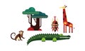 Wild African animals set, monkey, elements of nature and culture of Africa, crocodile, tribal mask, giraffe vector