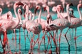 Wild african birds. Group birds of african flamingos walking around the blue lagoon on a sunny day