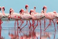 Wild african birds. Group birds of pink african flamingos walking around the blue lagoon Royalty Free Stock Photo