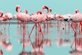 Wild african birds. Group birds of pink flamingos walking around the blue lagoon on a sunny day Royalty Free Stock Photo