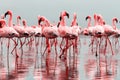 Wild african birds. Group of African red flamingo birds and their reflection on clear water. Walvis bay, Namibia, Africa Royalty Free Stock Photo