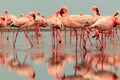 Wild african birds. Groupe of red flamingo birds on the blue lagoon Royalty Free Stock Photo