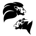 Wild african lion and lioness profile head black and white vector portrait
