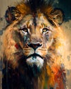 Wild African lion portrait close up. Wild naruto powerful leader of pride animal symbol. Blurred brush strokes oil Royalty Free Stock Photo