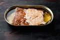 Wild Alaska Salmon Canned smoked fish, in tin can, on old dark wooden table background