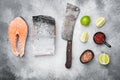 Wild Alaskan Sockeye or Coho Salmon fillet, on gray stone table background, top view flat lay