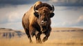 Wild American bison bull standing in grassy prairie. Generative AI