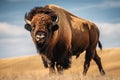 Wild American bison bull standing in grassy prairie. Generative AI