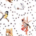 Wild animal, birds. Winter pattern with foot print. Forest animals: rabbit, squirrel, tit bird. Repeated watercolour