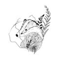 Wild animal illustration. Black white tattoo sketch. Forest art