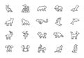 Wild animal line icons minimal style. Wildlife animals crocodile giraffe elephant gorilla raccoon vector line icon