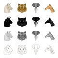 Wild animal llama, tiger, elephant, giraffe.Realistic animal set collection icons in cartoon black monochrome outline