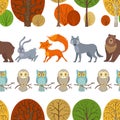 Wild animals in autumn forest. Vector pattern.