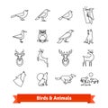 Wild animals and birds thin line art icons set