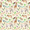 Wild animals and birds - zoo, wildlife - elephant, giraffe, deer, owl, parrot, other . Seamless pattern. Watercolor