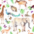 Wild animals and birds - zoo, wildlife - elephant, giraffe, deer, owl, parrot, other . Seamless pattern. Watercolor