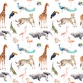 Wild animals and birds - zoo, wildlife - giraffe, cheetah, toucan, flamingo, other. Seamless pattern. Watercolor