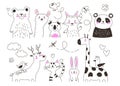 Wild animals cartoon wild fauna isolated set. Black and white graphic vector illustration in the line style EPS Royalty Free Stock Photo