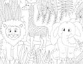 Wild animals coloring book page. Cute lion, giraffe, and elephant in the jungle Royalty Free Stock Photo