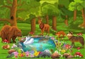 Wild animals coming to the forest pond surrounded by flowers in a fairy tale atmosphere Royalty Free Stock Photo