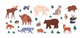 Wild animals, Eurasian fauna set. European wildlife species. Bear, fox, elk, moose, lynx, boar, deer, snow leopard and Royalty Free Stock Photo
