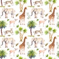 Wild animals - giraffe, elephant, cheetah, antelope in savannah and palm trees. Repeating background. Watercolor