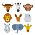 Wild animals heads set in flat style isolated on white background Royalty Free Stock Photo