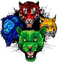 Wild Animals Heads Set. Lion, Tiger, Jaguar, Lynx - Vector Mascot Logo Design Royalty Free Stock Photo