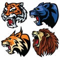 Wild Animals Heads Set. Lion, Tiger, Jaguar, Lynx - Vector Mascot Logo Design Royalty Free Stock Photo