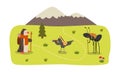 Wild Animals Hiking on Summer Mountain Landscape Set, Penguin, Ant, Crow Characters Camping, Hiking Vector Illustration