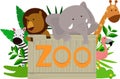 Wild animals holding wooden zoo plate