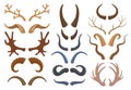 Wild animals horns antlers, reindeer, bull, goat. Hunting trophy deer, ibex, sheep and moose horns isolated vector Royalty Free Stock Photo